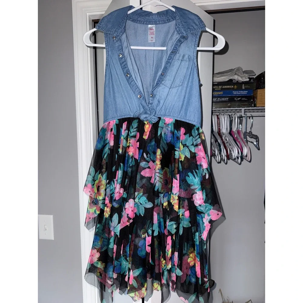 Justice Girls Size 10 Denim and Floral Tulle Tiered Mixed Media Tie Front Dress